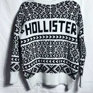 Hollister Fair Isle Sweater Size S  Black White Logo Knit Pullover Winter Cozy